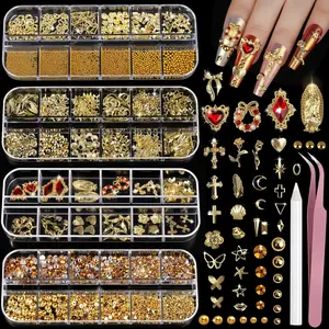 4 Boxes Nail Gems Nail Pearls Nail Art Tools, Gold Nail Charms and Gems Set, 3D Cross Nail Charms Heart Nail Rhinestones for Nails Supplies, Charms for Nails Design Nail Art Kit