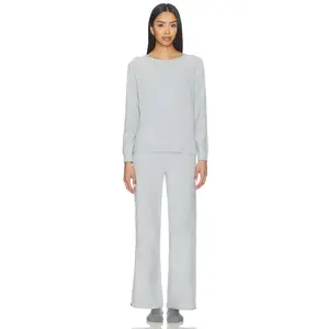 Barefoot Dreams Cozychic Jersey Roll Pullover & Wide Leg Pant Set in Frost