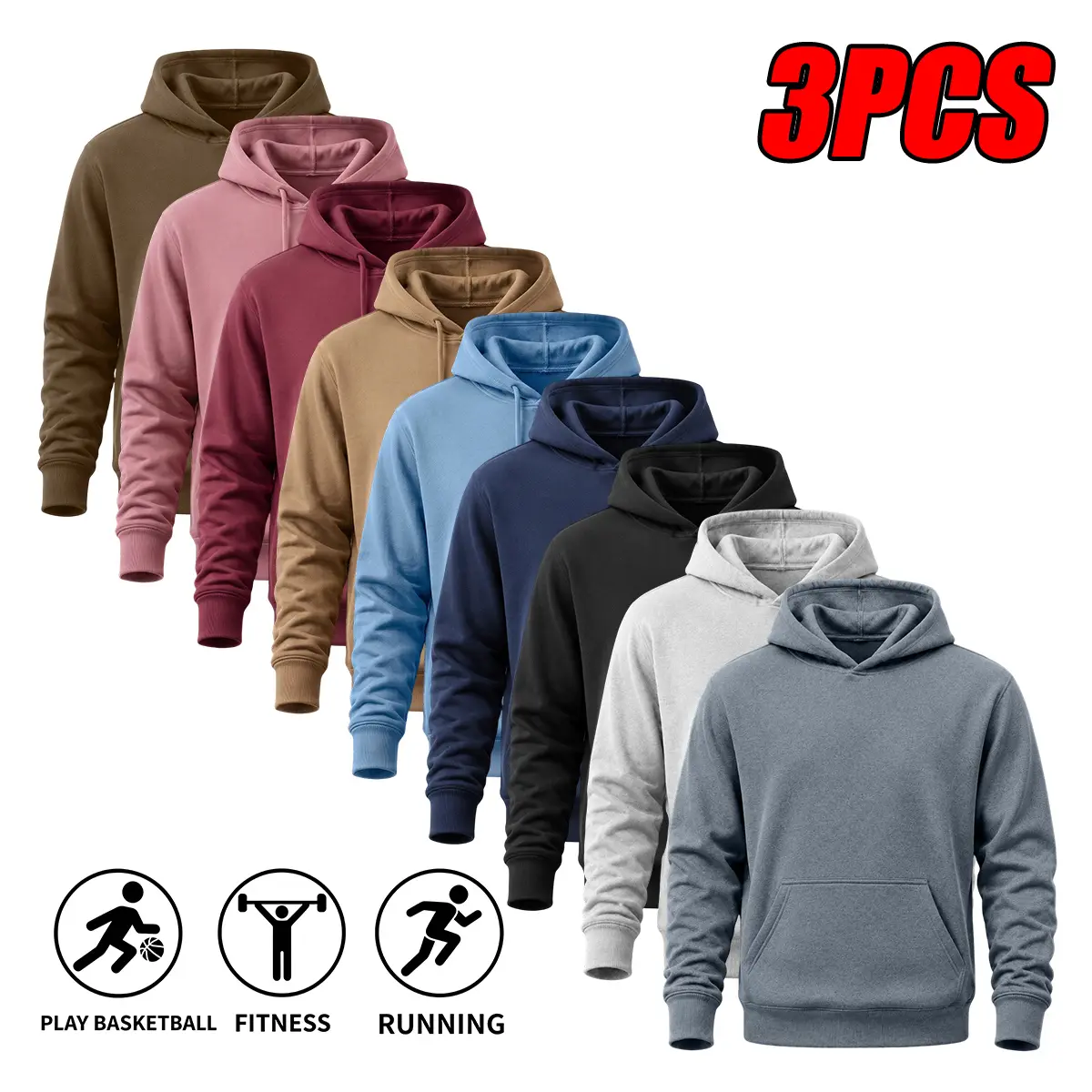 JOGWAVE Men's Basic Minimalist Slim-Fit Plain Long-Sleeve Casual Hooded Sweatshirt - Poly/Cotton Stretchy Fabric, Regular Fit Pullover with Kangaroo Pocket, Casual Fashion Tops for Autumn-Winter Outdoor Sports & Everyday Leisure
