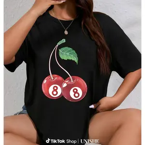 Classic Retro Cherry 8 Ball Tee – Oversized Cotton Shirt for Women Billiard Fans