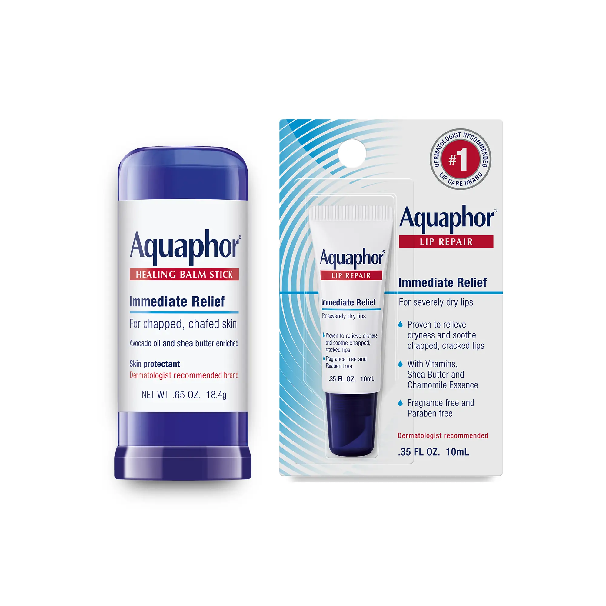 Aquaphor Beauty Bundle Healing Balm Stick 0.65 Oz & Lip Repair .35 fl oz Avocado Oil Shea Butter Beeswax Moisturizing Hydrating Smooth Skin Lips