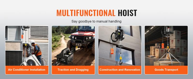 VEVOR Electric Hoist Winch, 1500W Portable Power Winch Crane, Various specifications, Wired and Wireless Remote Control, Overload Protection