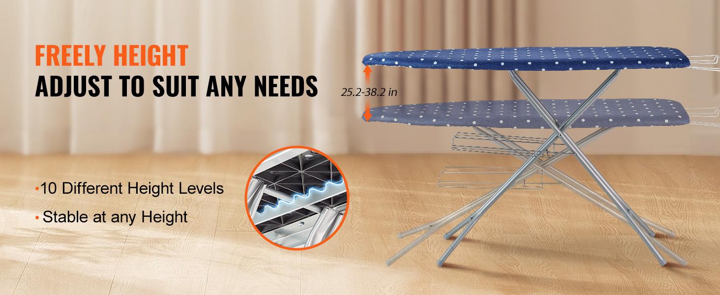 VEVOR Ironing Board with Bottom Storage Tray,  Thickened 4 Layers Iron Board with Heat Resistant Cover and 100% Cotton Cover, 10 Adjustable Heights Ironing Board for Home Laundry Room Use (Size 55x15)
