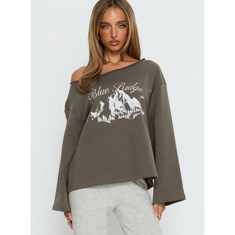 Blue Ridge Mountains Off Shoulder Graphic Sweater Grey