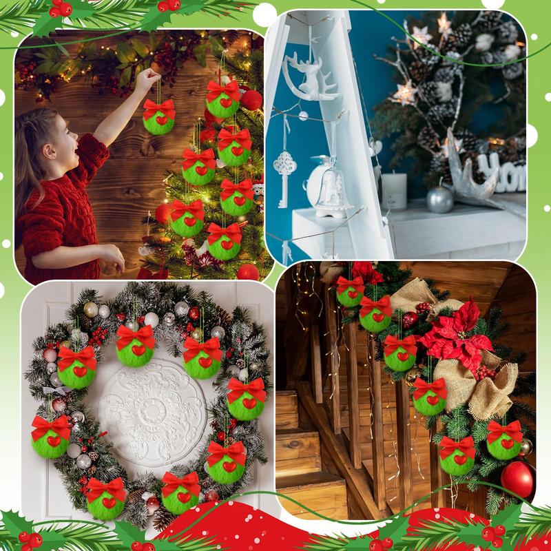 Christmas Clearance Sale Christmas Ornaments 12 Pcs Lime Green Furry Christmas Balls with Bows or Red Heart Cute Green Monster Christmas Decorations Hanging Ornaments for Xmas Tree Holiday Party Home Wall Christmas Decor Christmas White Elephant Gifts