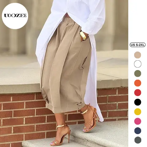 UOOZEE Women's 100% Soft Breathable Cotton Basic Fabric Casual Elastic Waisted Streetwear Pants - Lantern Bottom, 2 Length Options (Cropped/Long), Pockets, Khaki/Multicolor, All Season, Roomy Baggy Fit, Capri Pants Women