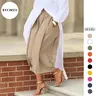UOOZEE Women's 100% Soft Breathable Cotton Basic Fabric Casual Elastic Waisted Streetwear Pants - Lantern Bottom, 2 Length Options (Cropped/Long), Pockets, Khaki/Multicolor, All Season, Roomy Baggy Fit, Capri Pants Women