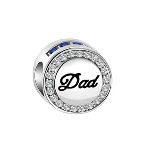 Dad Love Circle Charm 925 Sterling Silver, Clear Border, “Dad” Engraved Design for Bracelets, Father’s Day & Gift Giving Silver