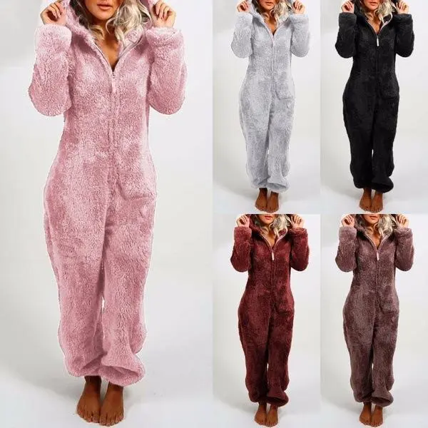 Womens Onesies Pajamas Jumpsuit Warm Romper Sleepwear One Piece Zipper Hooded Playsuit Loungewear