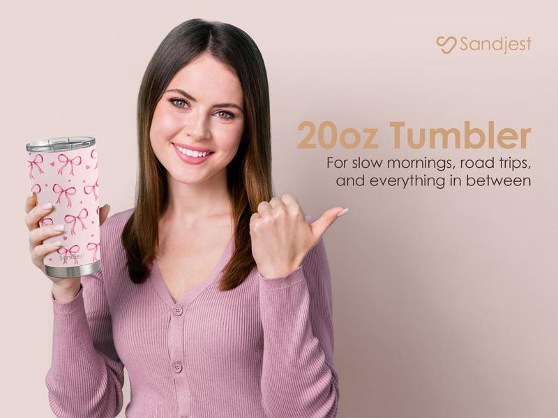 Sandjest 20oz Stainless Steel Coffee Tumbler with Lid, Insulated Vacuum Flask Travel Mug, Aesthetic Gift for Friends Women Girls Teens Valentine’s Day