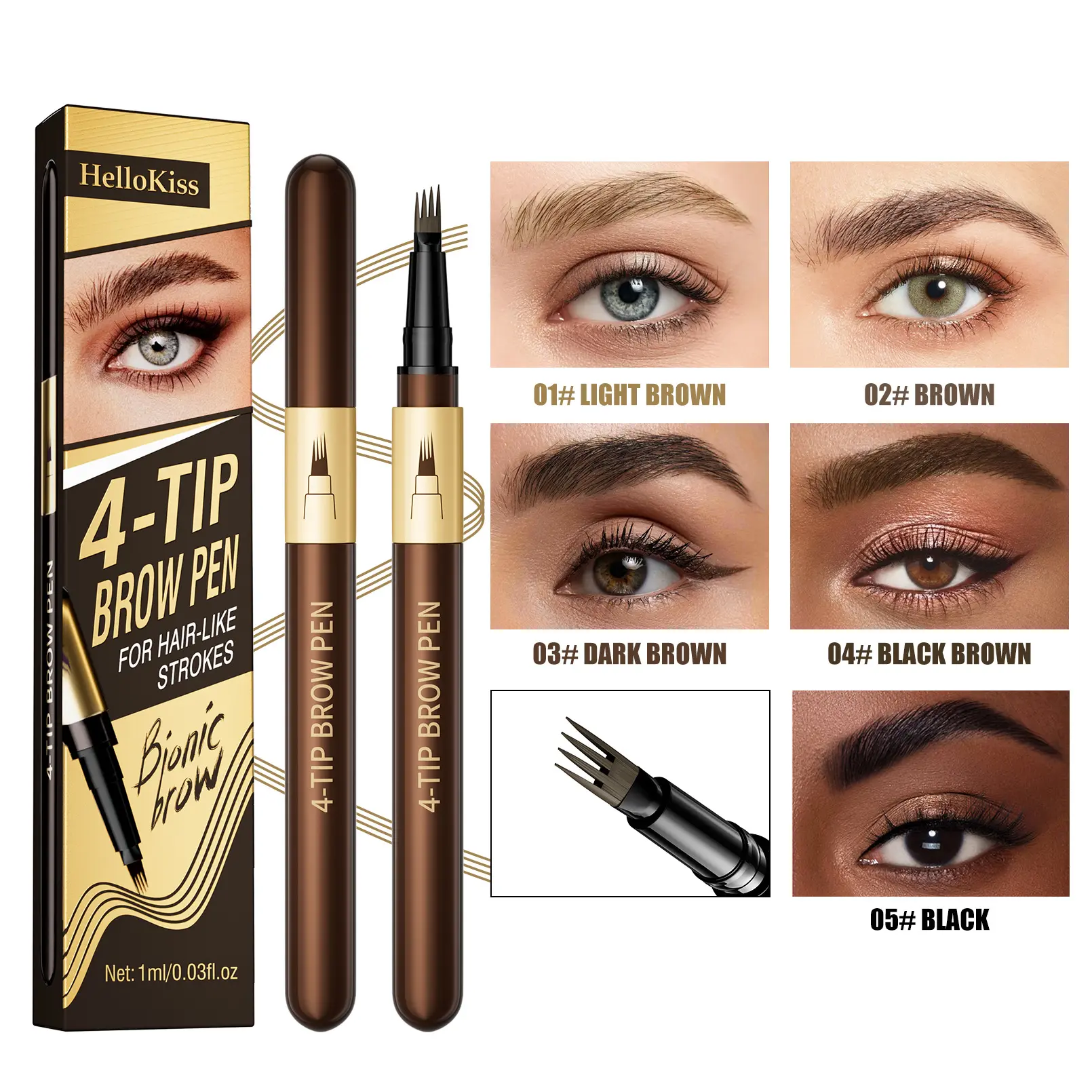 4 Tip Microblade Eyebrow Pen Waterproof, Hair Like Brow Pencil for Natural Feathered Brows, Long Lasting Smudge Resistant Makeup for Daily Wear, Work and Travel.