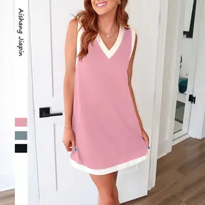 EncoLax Womens V Neck Mini Dress Summer Sleeveless Color Block Loose Fit Slit Casual Tank Dresses