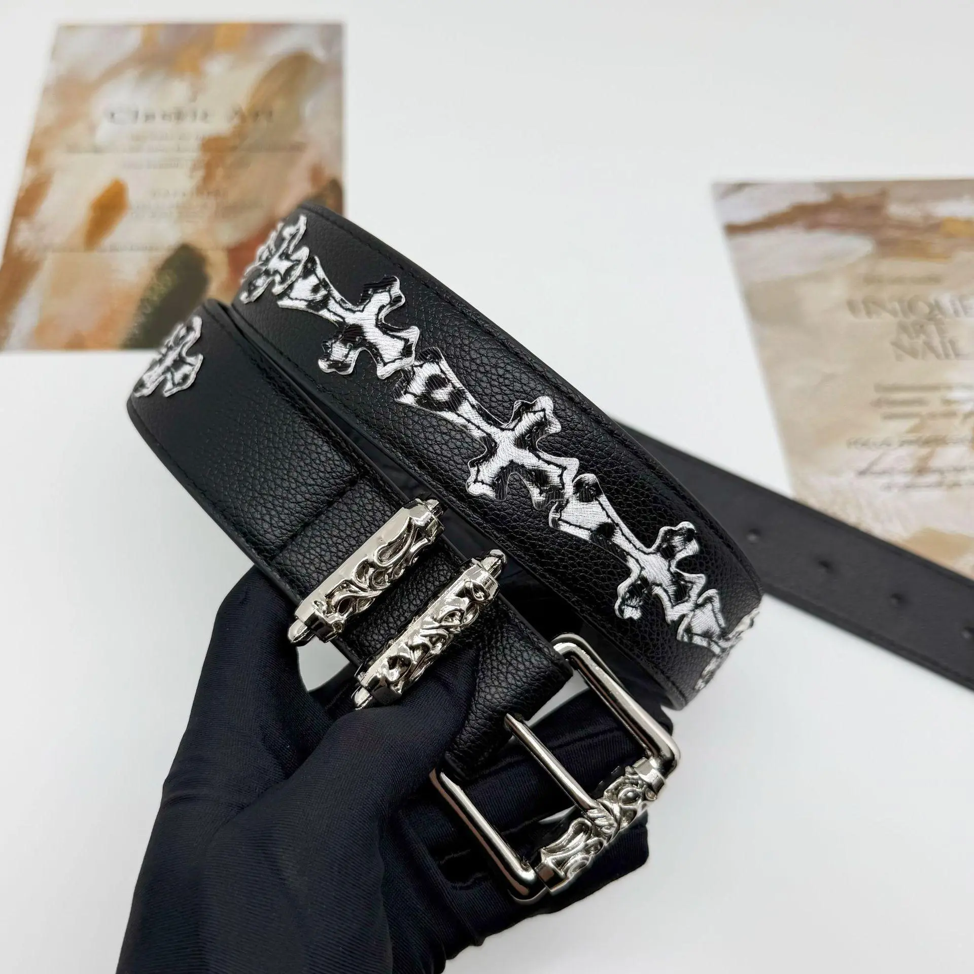 Luxury Chrome Hearts Crow Cross Belt – Leopard Print Genuine Leather Belt with Hollow Evergreen Vine Buckle for Men & Women