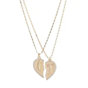 Eclat Mystique  Virgin Mary Heart Necklace 18K Gold Plated Double Chain Combination Prayer Pendant for Women & Men TE AMO Inscribed Couple Necklace Religious Symbolism Elegant Dual Heart Design 45cm Chain Length