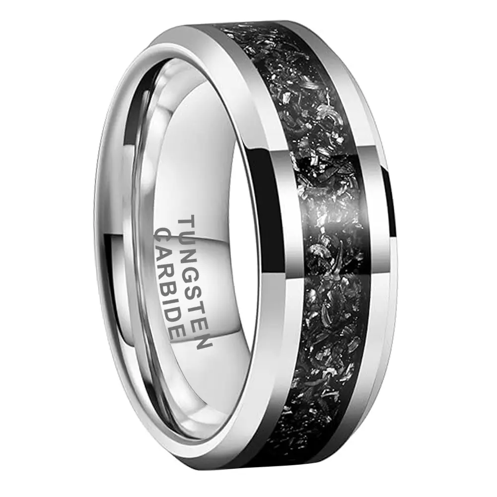 Men’s 8mm Tungsten Carbide Band Ring - Silver Beveled Edge, Black Titanium Shard Inlay, Comfortable Fit - Mens Wedding Bands for Engagement Promise (Sizes 7-13), Band Rings