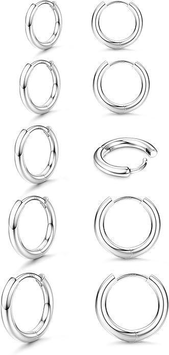 BESTEEL 5 Pairs Small Sterling Silver Hoop Earrings Set for Women Lightweight Tiny Huggie Hoops Silver Mini Cartilage Earrings Pack Hypoallergenic Ear Piercing