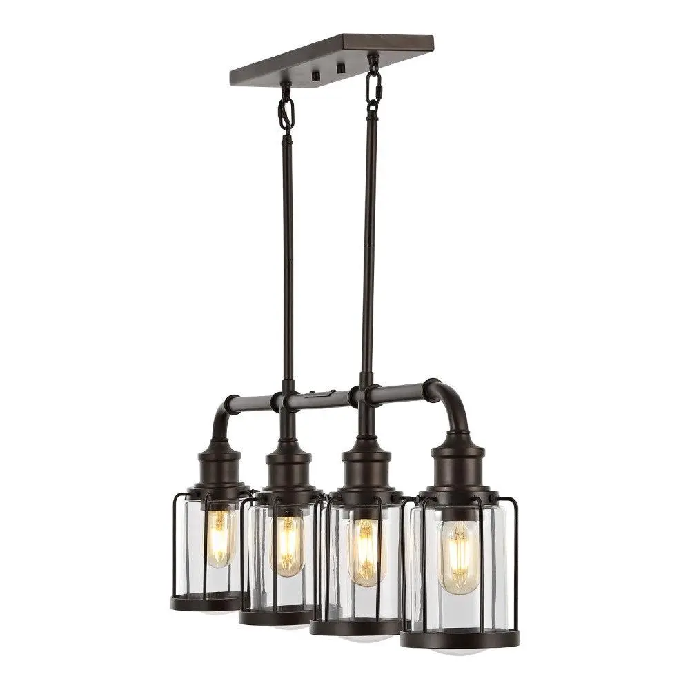 JONATHAN Y Abbott Modern Farmhouse Industrial Metal Frame Iron-Glass Linear LED Bulb Light Pendant with Adjustable Warm Lighting, Ideal for Rustic Kitchen, Living Room, Oil Rubbed Bronze