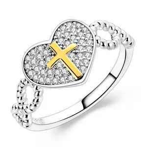 LAZA 925 Sterling Silver Cross Ring – Two-tone 14K gold-plated Christian heart-shaped ring, set with pavé cubic zirconia, a religious vow of purity jewelry, a girl's confirmation/baptism gift.