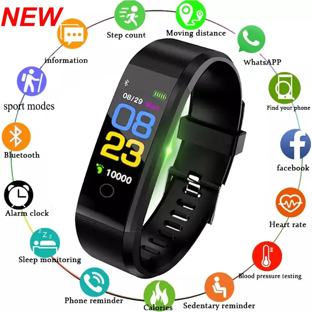 Men's 115plus Smartwatch - Waterproof Fitness Tracker with Buttons, Heart Rate Monitor, Blood Pressure Monitor, Camera, Wireless Bluetooth Phone Connectivity, Android Compatible, Remote Charging Support (Russian, German, French Language Options), Portugue