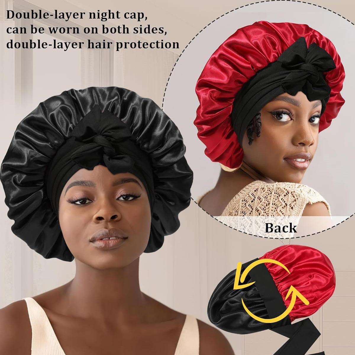 Double Layer Satin Bonnet for Sleeping Cap Women Reversible Hair Bonnets with 2PCS Hair Scrunchies Elastic Tie Band Nightcap Gifts for Women