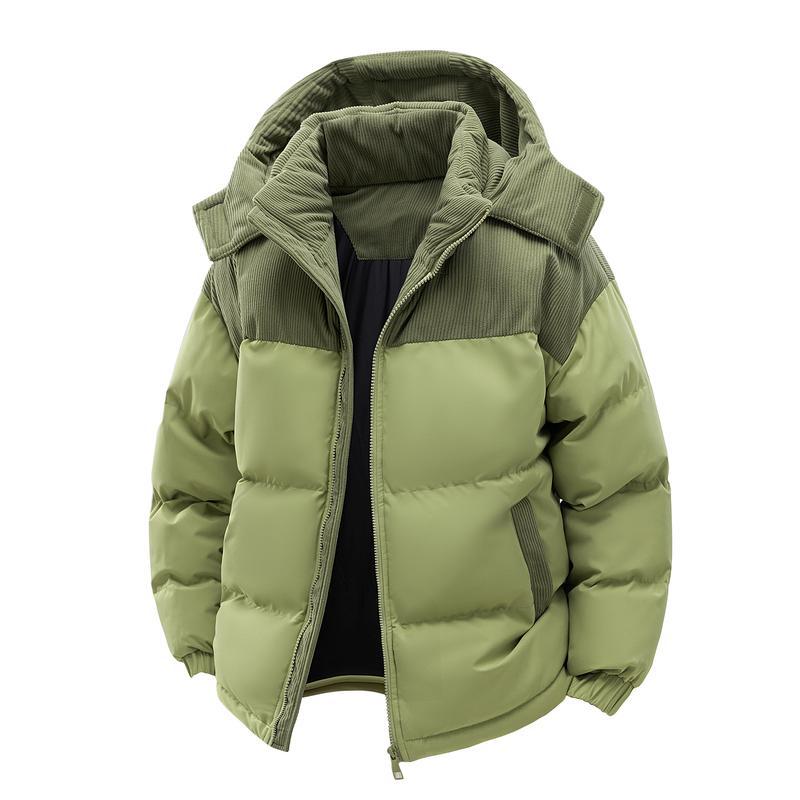 Men's Hooded Puffer Jacket Warm Quilted Zip-Up Coat Casual Corduroy Patchwork Winter Outerwear Windproof Anti-Running Cotton