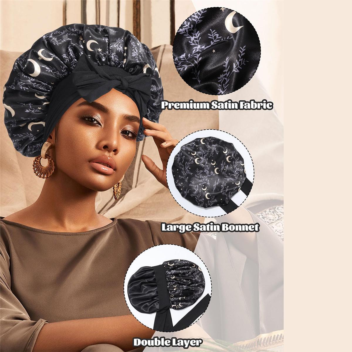 Double Layer Satin Bonnet for Sleeping - Silk Like Texture, Elastic Tie Band, Curly Hair Nightcap, Smooth Haircare, Reusable, 100% Polyester, 55cm Cap Circumference, 94cm Length, 35cm Width, 61cm Rope Length, 6.5cm Rope Width