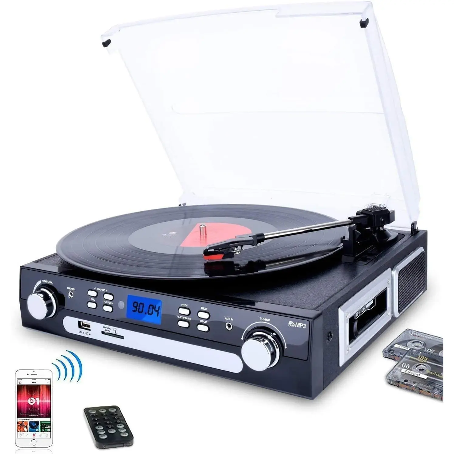 DIGITNOW Bluetooth Record Player with Stereo Speakers, Turntable for Vinyl to MP3 with Cassette Play, AM/FM Radio, Remote Control, USB/SD Encoding, 3.5mm Music Output Jack, Christmas New Year Gift
