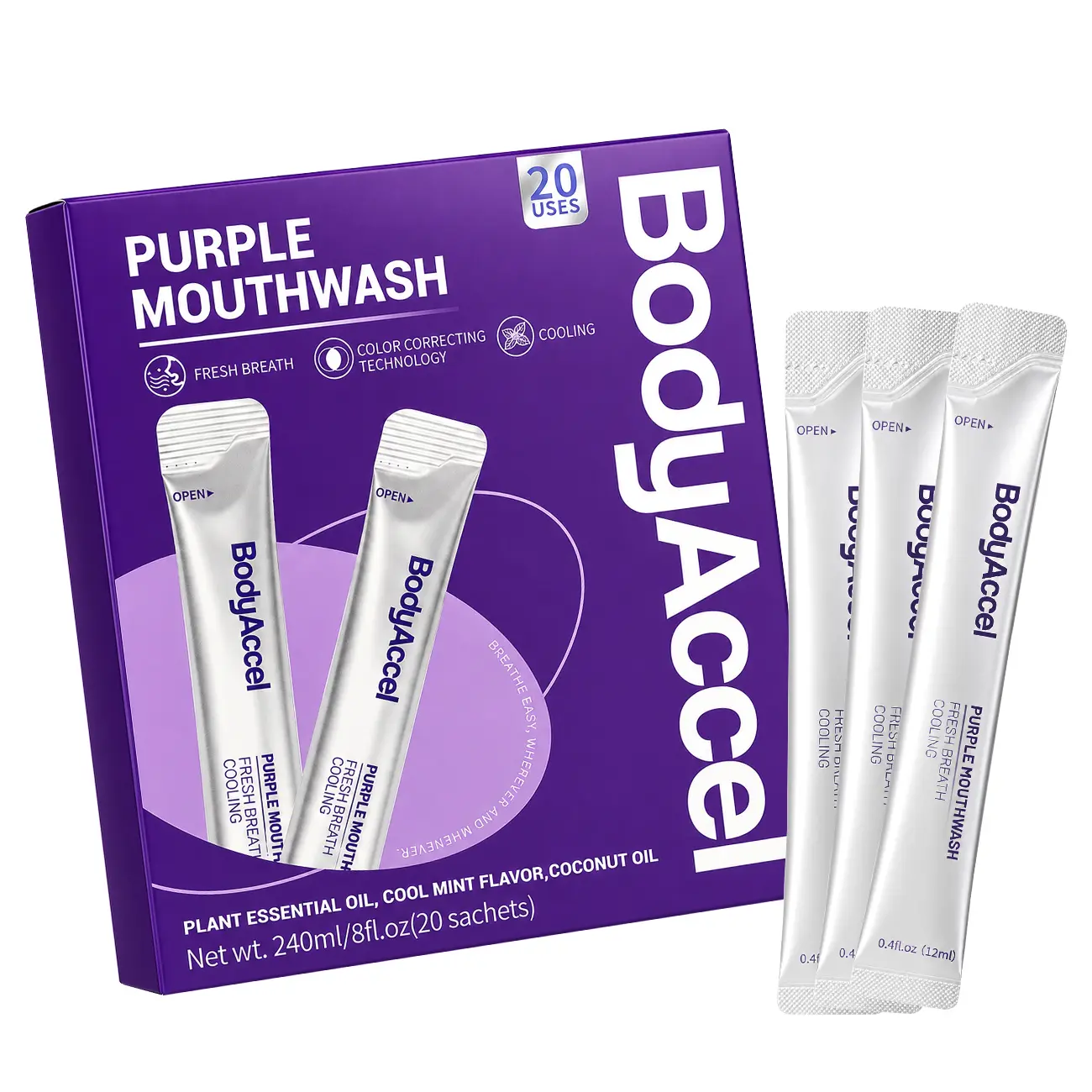 【BodyAccel】Purple Whitening Mouthwash, Freshens Breath, Supports Gum Health – Alcohol Free, Peroxide Free, Color Correcting Mouthwash Sachets, Mint Flavor (20 count) #backtoschool