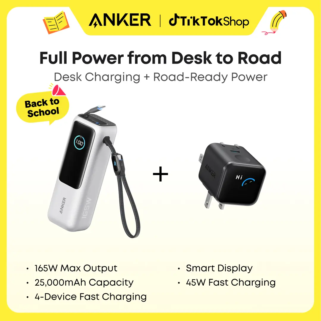 Anker Mobile Accessories Bundle: USB-C Smart Display Charger with Smart Recognition, Built-In Care Mode, 180° Foldable Plug + 25000mAh Portable Laptop Power Bank with Built-In Cables, Fast Charging for 4 Devices (Power Bank Charger)