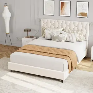 Beige Queen Upholstered Bed Frame, Heavy-Duty Platform Bed Frame with Upholstered Headboard & Strong Wood Slats, No Box Spring Needed/Easy Assembly