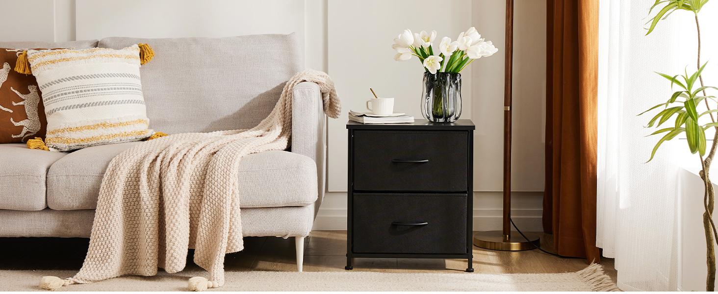 Nightstand with 2 Fabric Dresser, Side Table, End Table, Bedside Table, Night Stands, Small Nightstand,Bedroom Furniture