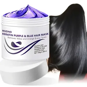 ROZINO Keratin Purple & Blue Hair Mask 100g Removes Yellow and Orange Brassy Tones Repair Color Treated Hair Keratin Strengthen Hair Core Reduce Breakage Aloe Vera Moisturizing Avocado Oil Nourishing Beeswax Lock Moisture Sulfate Free For Dry Fine Hair