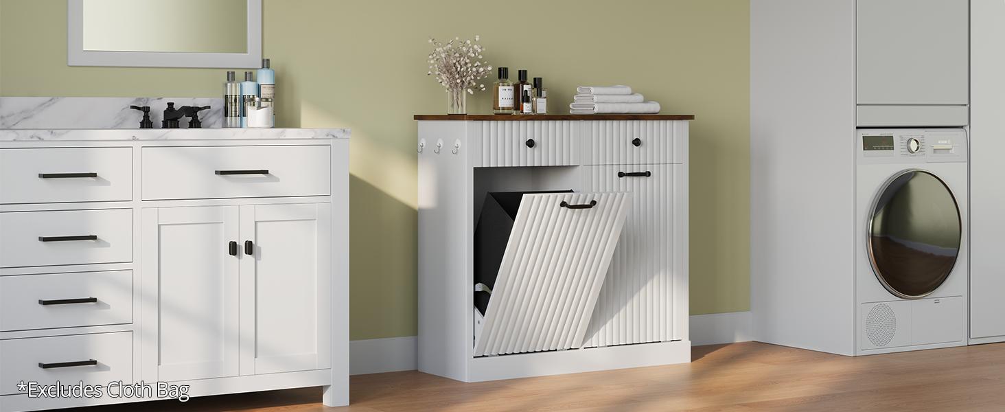 Double Tilt Out Trash Can Cabinet, 20 Gallon Fluted Laundry Hamper Cabinet with 2 Drawers, Wooden Hidden Garbage Can Cabinets for Kitchen, Living Room, Without Trash Bin or Laundry Hamper,Black