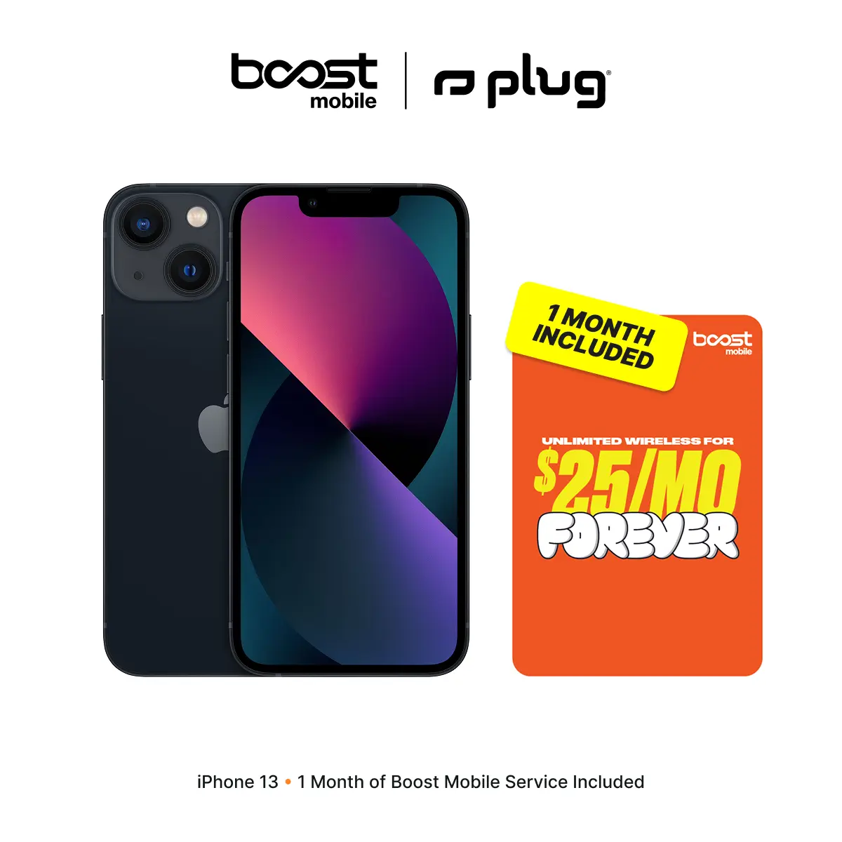 Refurbished Apple iPhone 13 (Unlocked) + 1 Month of Unlimited Boost Mobile Service Included - Good Condition with 1-Year Warranty by Plug