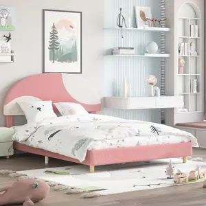 Full Bed Frame with Round Boucle Headboard, Upholstered Arch-Shaped Design in Soft Pink & White, Modern Kids Wooden Slats Bed, No Box Spring Required & Easy Assembly