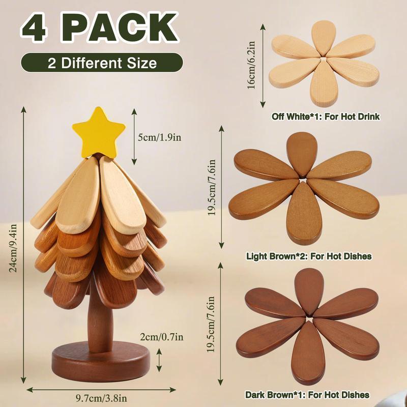 MUNBYN  Christmas tree trivet wooden trivet, (4 Wooden Trivets &1 Stand)- Kitchen, Heat-Resistant Foldable Design,High-Quality Solid Wood,Ideal for Hot Dishes, Pots, Bowls, Teapots,family goodies,Perfect Christmas Day Gift!