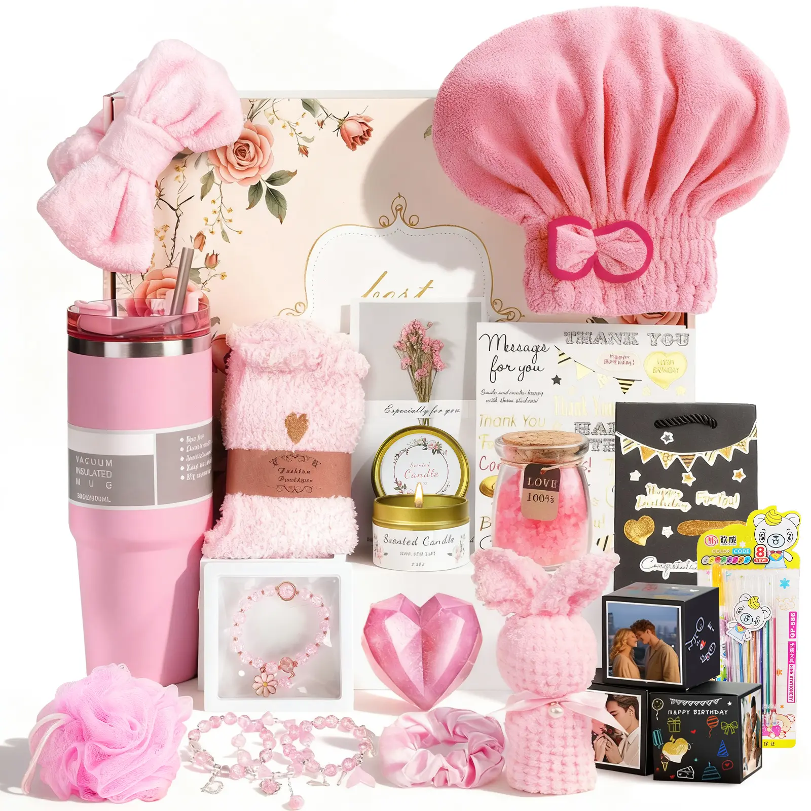 21PCS Customizable DIY Photo Pop-Up Box Spa Care Set for Women - Includes Lavender Candles, Tumbler, Rabbit Towel, Bracelet, Fuzzy Socks, Spa Headband - Unique Lavender Unwind Gifts for Mom, Daughter, GF - Birthday, Anniversary Party Gift Sets, Birthday G