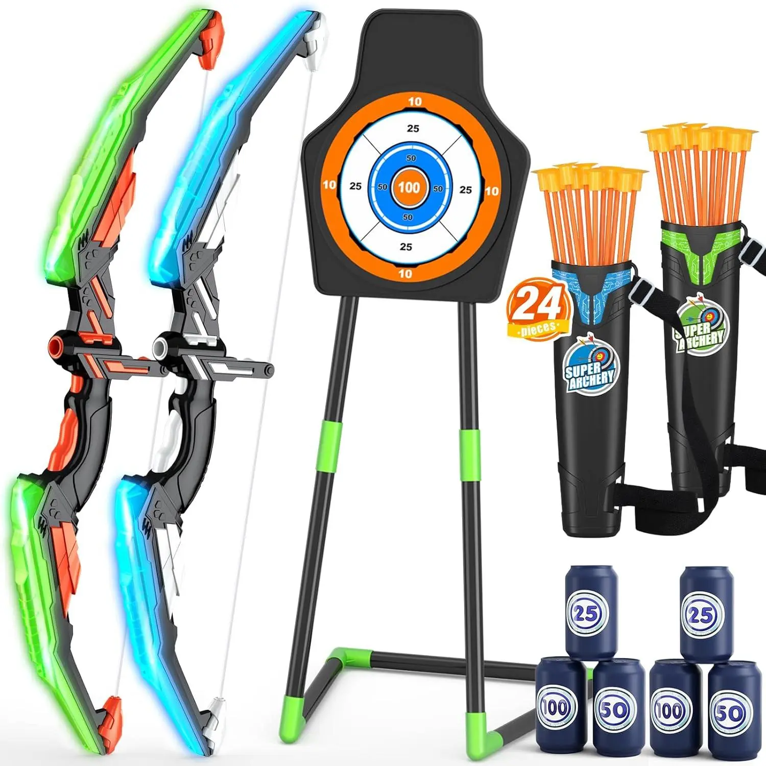 Girls' LED Lighting Archery Set - 2 Bows, 24 Soft Rubber Suction Cup Arrows, 2 Carrying Quivers, 1 Standing Target, 6 Score Targets, Batteries Included - Indoor-Outdoor Archery Fun Gift for Boys/Girls Ages 4-8 (Birthday, Christmas)