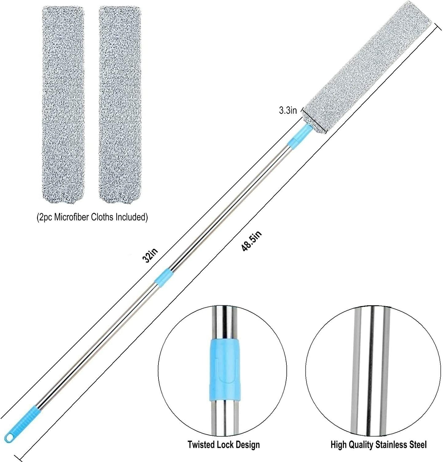 Retractable Gap Dust Cleaner with Extension Pole (36 to49 inches), Piece Bendable Flexible Duster with 2 ReusableMicrofiber Dusting Cloths & Soft Bristles, Wet & Dry DustBrush for Cleaning Under Furniture, Appliances, HighCeilings, Bed Household Gaps