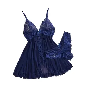 Women's Lace Sexy Halter Nightdress Set Sleepwear Nightgown Made of Net Fabric, Strap Nightgown, Suitable for Home Loungewear Womenswear Comfort Homewear Blue Fitted Minimalist Sleeveless night gown women
