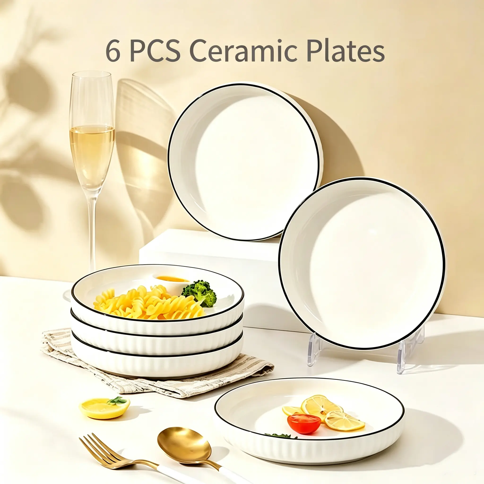 Adult 6-Piece 8-in Thick Sturdy Ceramic Deep Plate Set, Black-Trimmed White Solid Finish Traditional Tableware for Salads, Pasta, Thick Sturdiness