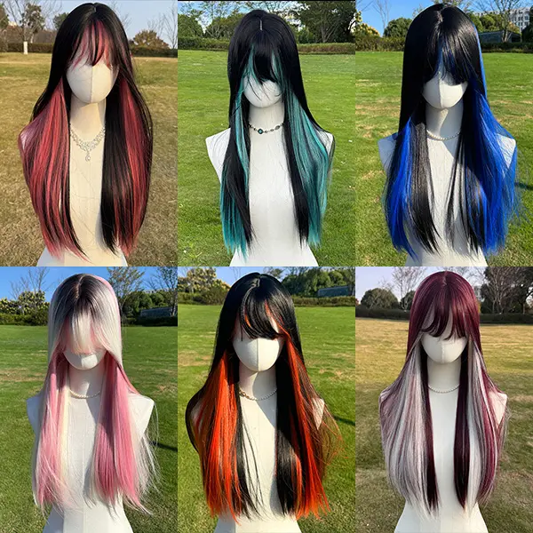 SMILCO/24Inch Black With Pink/Blue/Green/Orange/Pink Highlight Long Straight Synthetic Wig For Christmas Gift/Cos/SM408 Female Hair Accessory Colorful Wigs Synthetic Hair Wigs