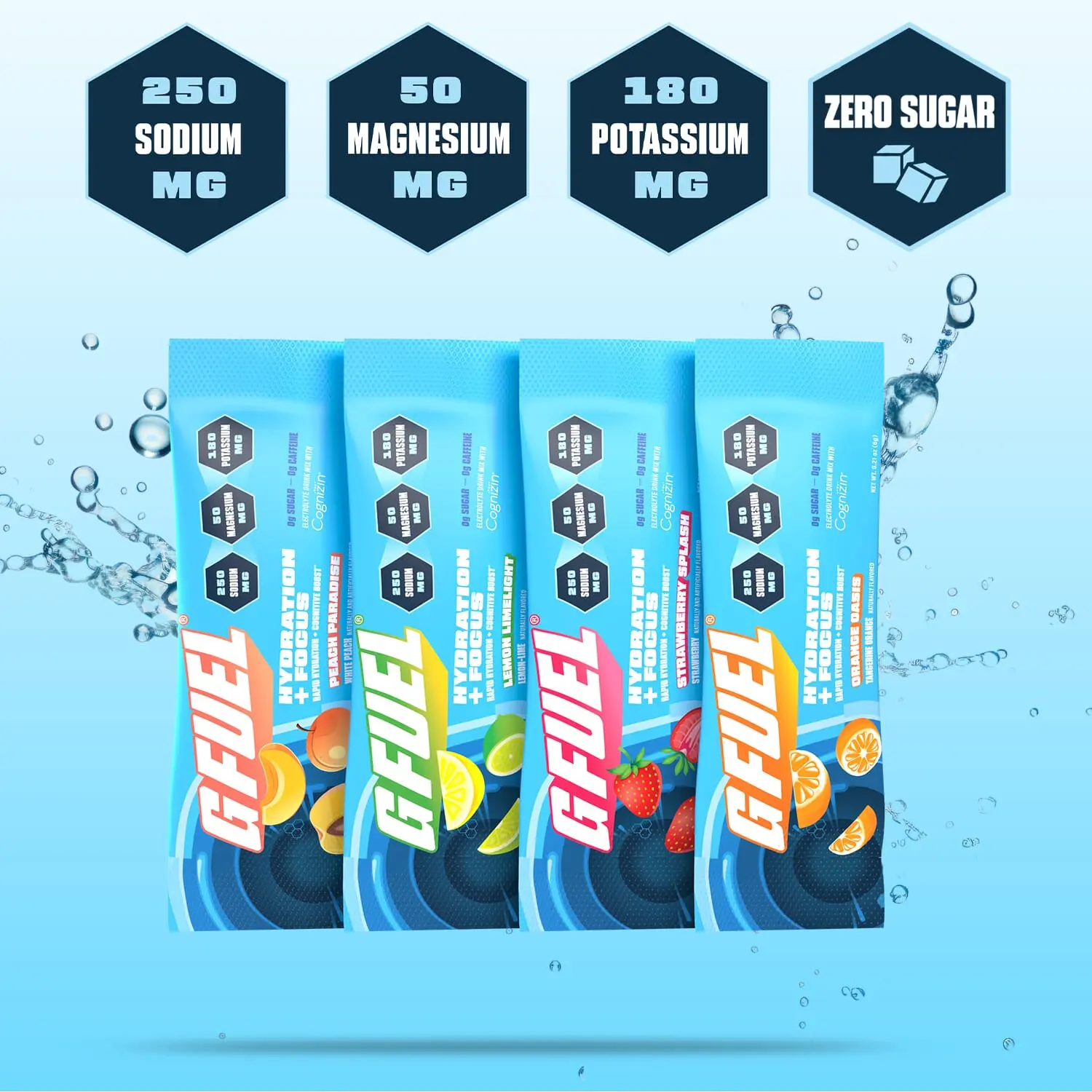 G FUEL Hydration + Focus Powdered Drink Mix Variety Pack (12 Count) - Orange Oasis, Peach Paradise, Strawberry Splash, Lemon Limelight - 0 Sugar, 0 Caffeine, Cognizin-Infused Healthy Beverage Supplement