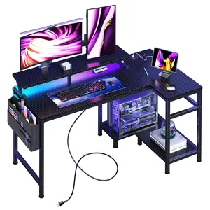 L Shaped Computer Desk with Monitor Stand, LED Lights & Power Outlets, Corner Gaming Desk with Storage Shelf, Home Office Study Desk