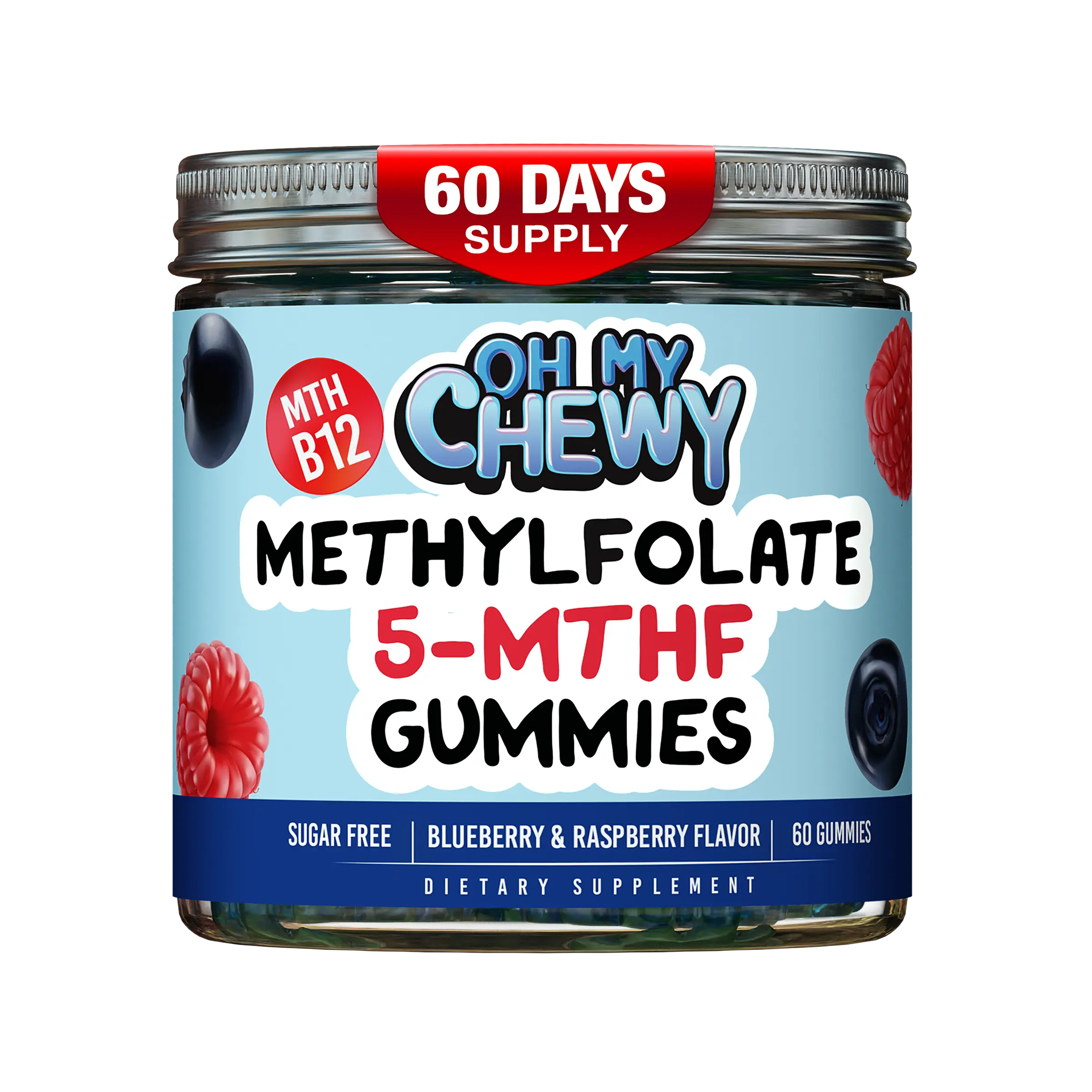 OH MY CHEWY Sugar-Free Gluten-Free Raspberry Center-Filled 5-MTHF Folate L-MethylFolate Gummies - Methylated B1,B6,Methyl B12 Multivitamins, 0g Sugar, Berry Blue Flavor, All Ages, Cognitive Boost, MTHFR Gene Support, 60 Count Supplements