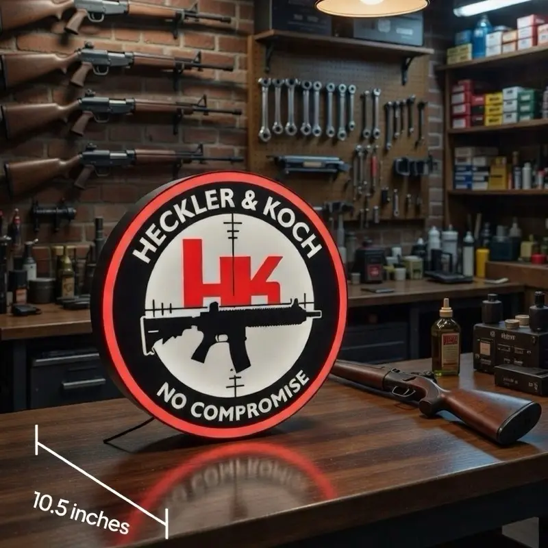 Heckler & Koch 10" LED Sign - Red & White Text Design with Black Border USB Powered for Home Decor Parties Gaming Rooms Business Displays