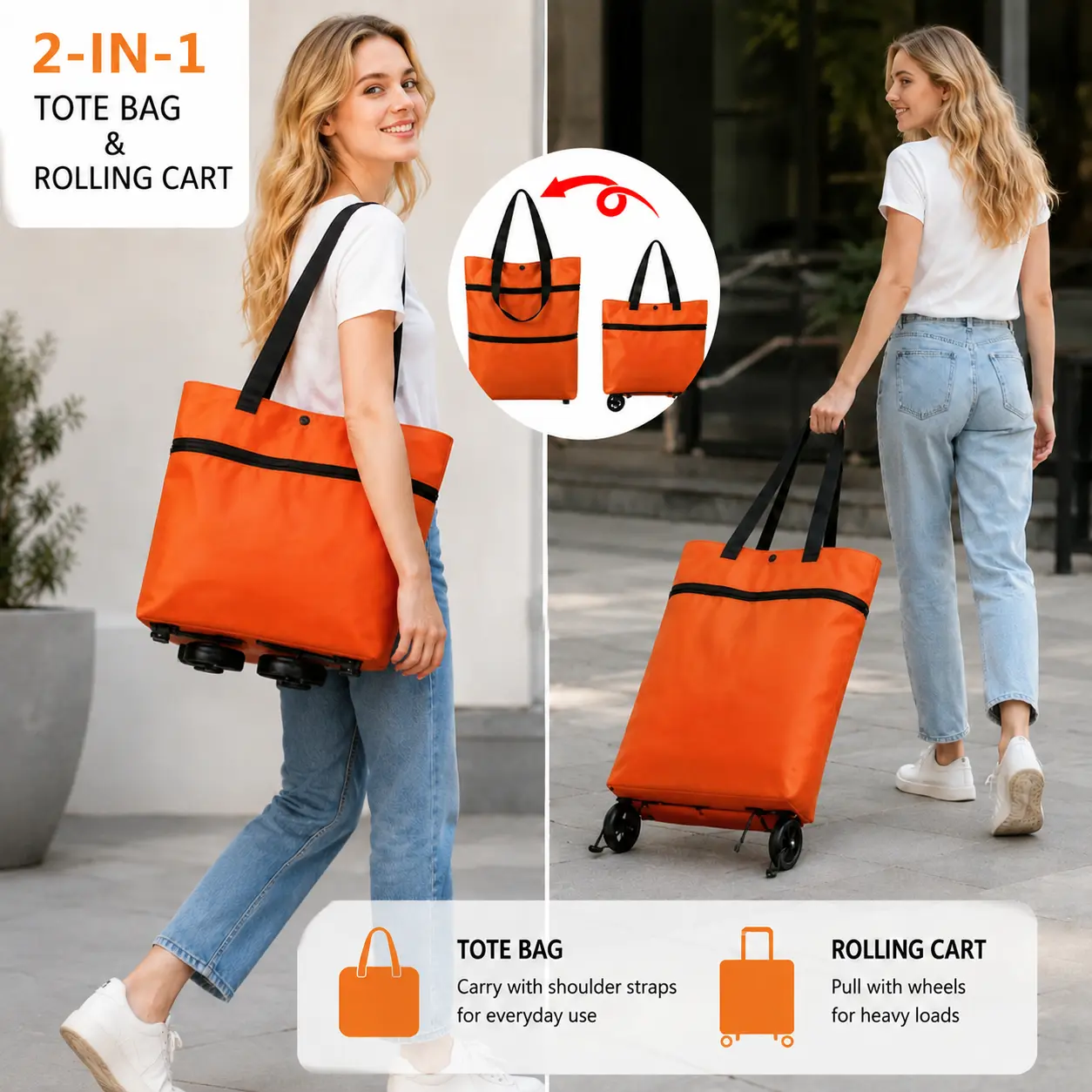 Foldable Shopping Trolley Bag with Wheels, Portable Reusable Grocery Tote, Large Capacity Waterproof Multi-Purpose Shopping & Storage Bag,Lightweight Rolling Shopping Cart Bag with Carry Handles for Supermarket, Travel, Laundry and Daily Use