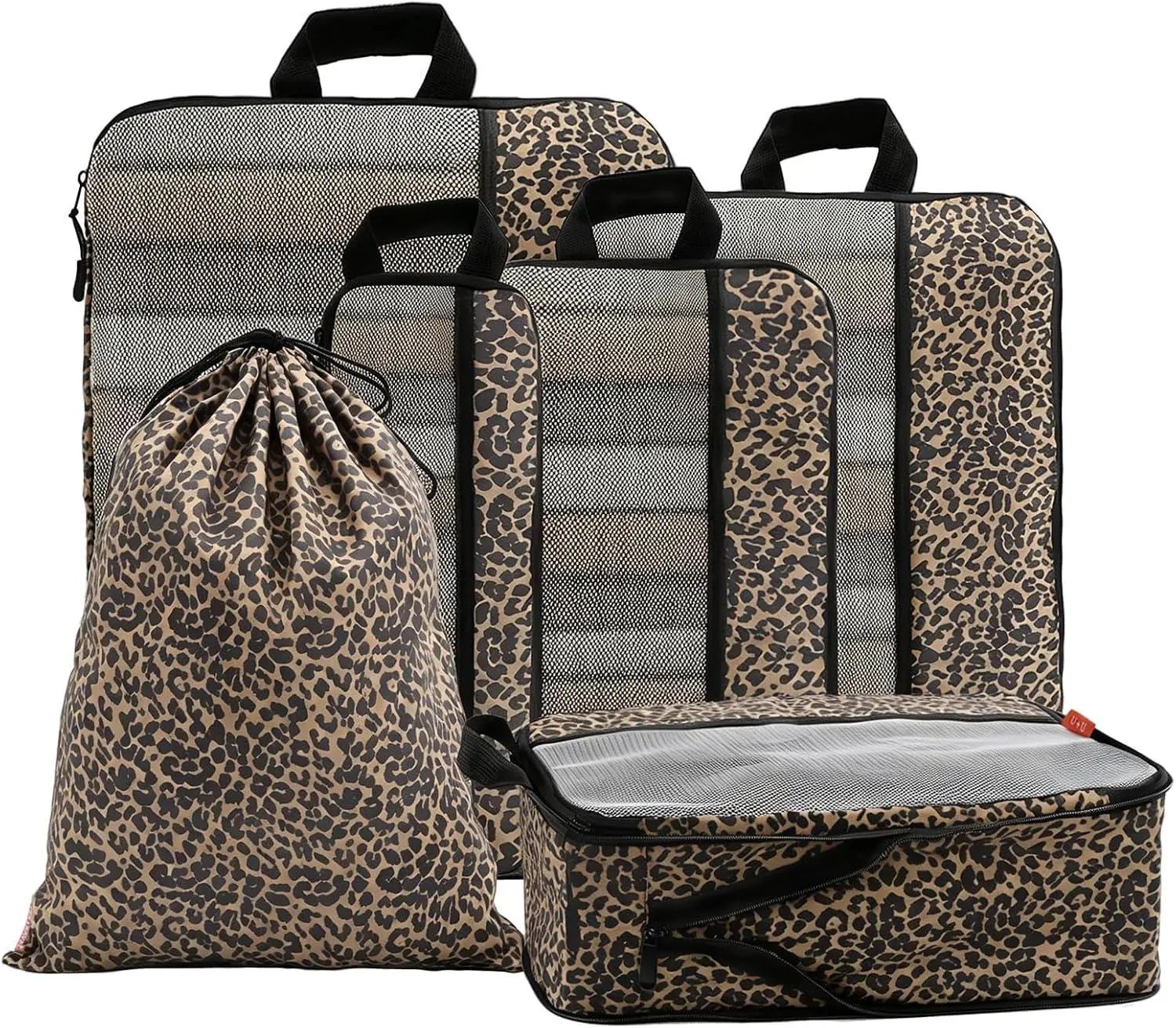 6 Set Compression Packing Cubes - Ultralight Travel Organizers with Laundry Bag, Space-Saving Expandable Suitcase Organizers for Travel, Business Trips, and Family Vacations (Leopard Print)   U and U