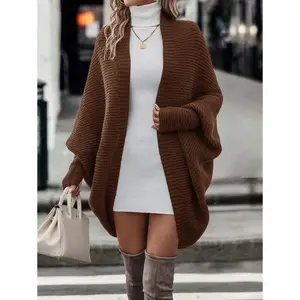 Batwing Sleeve Trench Coat Cardigan cardigan  for  women cashmere  sweater early autumn casual loose-fit long sleeve top Brown Fabric Knitwear Womenswear Asymmetric
