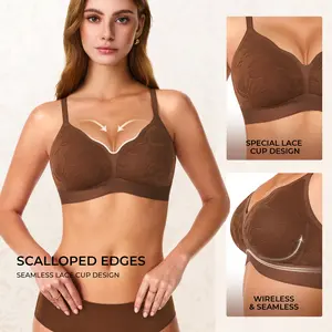 LEHOBA Women's Wireless Push Up Bra Scalloped No Underwire Minimalist Seamless Supportive Lace Bra Comfortable Everyday Wear Jelly Bra Full Coverage with Elegant Invisible Lace Details & Adjustable Straps Seamless Bralette T-Shirts Bra